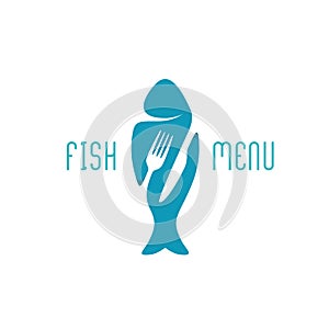 Fish food restaurant menu title logo. Silhouette of a fish.