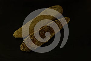 Fish fossil isolated on a black background.