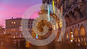 Fish Fountain, Fischbrunnen in front of the New New Town Hall at Marienplatz day to night transition timelapse in Munich