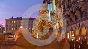 Fish Fountain, Fischbrunnen in front of the New New Town Hall at Marienplatz day to night transition timelapse in Munich