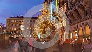 Fish Fountain, Fischbrunnen in front of the New New Town Hall at Marienplatz day to night transition timelapse in Munich