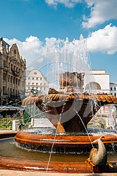 Fish Fountain and Victory square Piata victoriei in Timisoara, Romania