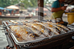 Fish are fried in oil at the floating market.