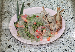 Fish fried and winged bean in rice plateThai food
