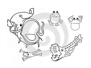 Fish and frogs, colouring book page uncolored