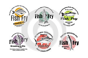 Fish fry breading mix circled label set with place for text vector flat retro emblem seal stamp photo