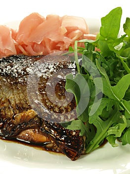 Fish, ginger, arugula