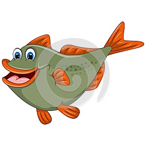 Fish green and orange fin with big smile fat cartoon vector illustration