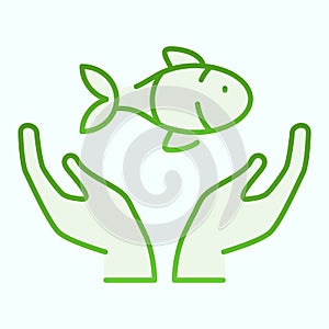 Fish with hand care flat icon. Ecological environment fish protection illustration isolated on white. Save the Sea logo