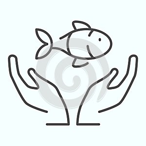 Fish with hand care thin line icon. Ecological environment fish protection illustration isolated on white. Save the Sea