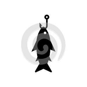 Fish hanging on a hook. Logo and icon design. Vector illustration. Silhouette on white background. Isolated drawing.