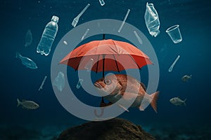 Fish Holding Umbrella Under Trash Rain photo