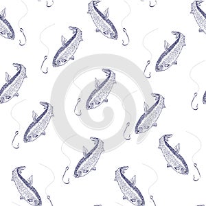 Fish, hook endless pattern hand drawn ink monochrome sketch stock vector illustration on white