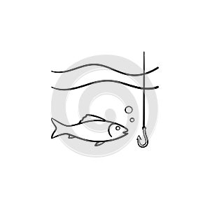 Fish with hook hand drawn sketch icon.