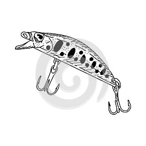 Fish hook minnow vector illustration tackle. Fly gudgeon spinner lure feeding. Bait line drawing. Ink silhouette Black