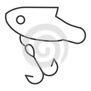 Fish with hook thin line icon. Fishing hook vector illustration isolated on white. Angling outline style design