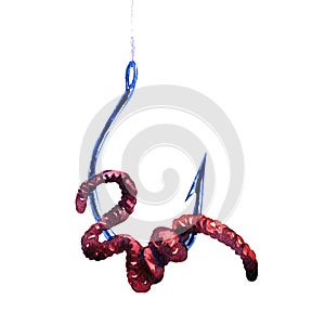 Fish hook with worm isolated on white background, watercolor painting