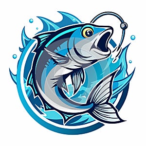 A fish is hooked on a fishing line, struggling with the hook in its mouth, fish and hook logo with water splash decoration