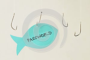 Fish hooks and password written on a paper note in the shape of