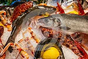 Fish on ice in a restaurant display