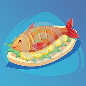 Fish icon. Crucian on white plate with lemon and herbs. Food, seafood dish symbol. Fresh fish color sign with red fins game icon,