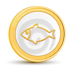Fish icon gold round button golden coin shiny frame luxury concept abstract illustration isolated on white background