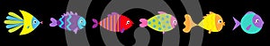 Fish icon line set. Cute cartoon kawaii funny character. Marine life. Colorful aquarium sea ocean animals. Baby kids collection.