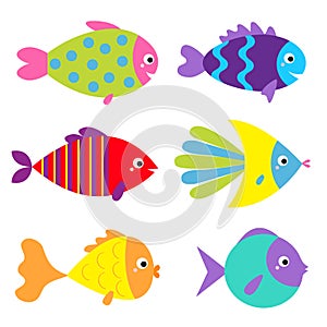 Fish icon set. Cute cartoon kawaii funny character. Colorful aquarium sea ocean animals. Baby kids collection. Marine life. White