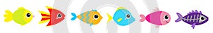 Fish icon set line. Cute cartoon kawaii funny character. Baby kids collection. Aquarium sea ocean animals. Marine life. White