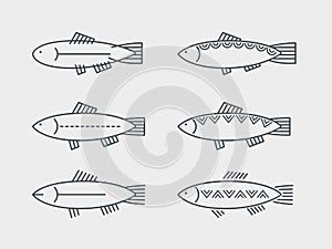 Fish icons. Set of stylish decorative fish