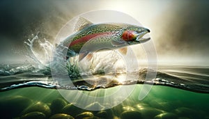 Fish Jumping Clear Water Surface Green Water Rainbow Trout Snowing AI Generated