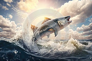 Fish jumping out of the water over breaking waves. Marine animals wallpaper.