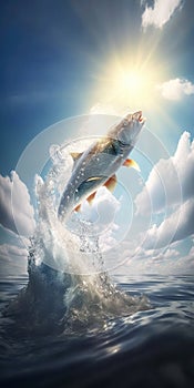 Fish jumping out of the water over breaking waves. Marine animals wallpaper.