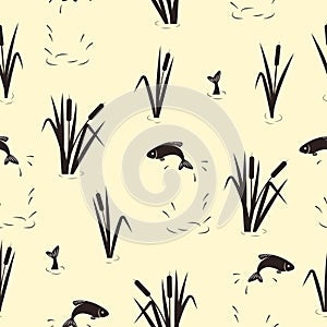 The fish jumping out of water and reeds. Seamless pond pattern.
