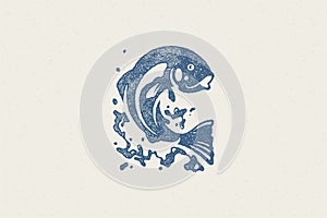 Fish jumping out from water silhouette for fishing club or seafood market hand drawn stamp effect vector illustration.