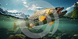 Fish jumping and splashing in a lake or pond. Concept for fishing or tournament. Generative AI