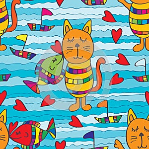 Fish kiss cat seamless pattern