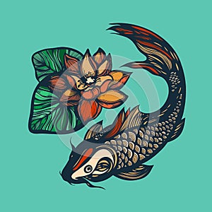 Fish koi and lotus flower. Print Chinese style. Chinese symbol of good luck, courage, persistence, perseverance, wisdom and vitali