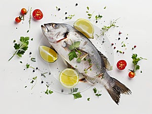 A fish with lemon, herbs and spices on a white background