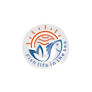 Fish life in the sea, marine life icons, sun and fish logo