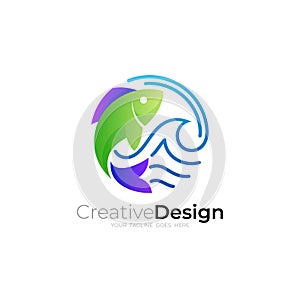 Fish logo and globe design combination, marine life icons