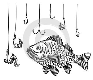 Fish and a lot of fish hooks. Hand drawn fishing symbol. The metaphor that the fish is in danger among the many hooks.