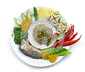 Fish mackerel dried paste chili spicy with fresh and boiled vagetable ,grill Thai mackerel.Thai