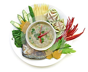 Fish mackerel paste chili spicy with fresh and boiled