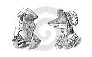 Fish man sailor with a pipe. Fish victorian lady. Woman in hat and suit. Mariner in a cap and vest. Fashion animal