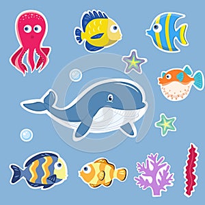 Fish And Marine Animals Cartoon Set. cartoon picture