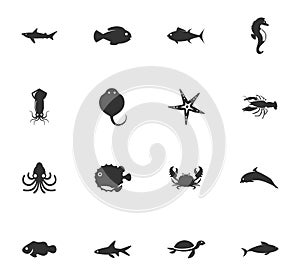 Fish marine animals icons set