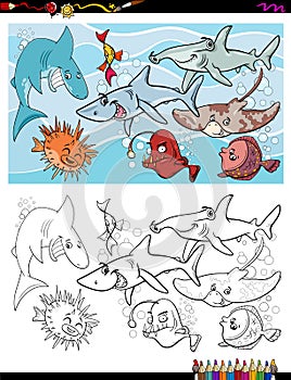 Fish marine life characters group color book