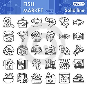 Fish market line icon set, sea food symbols collection or sketches. Fishing industry linear style signs for web and app