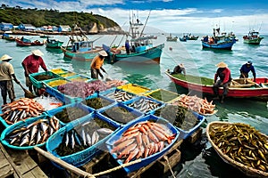 Fish Market Scene with Fresh Catch Unloaded from Colorful Boats